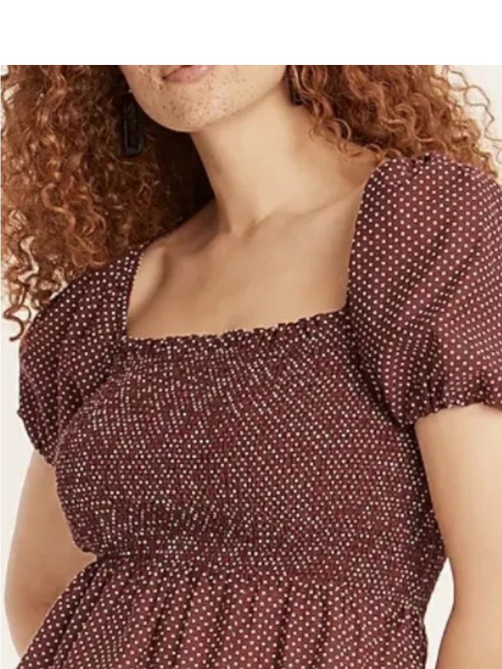 J. Crew Brown Polka Dot Smocked Square Neck Puff Sleeve Top